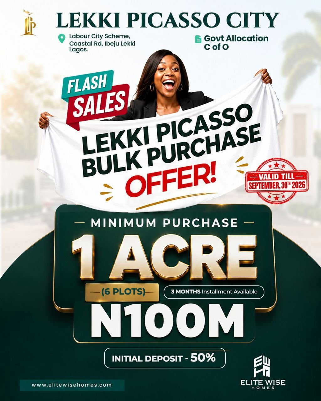 Lekki Picasso City Bulk Purchase Offer flyer — 1 acre (6 plots) for ₦100M, valid till 30 September 2026